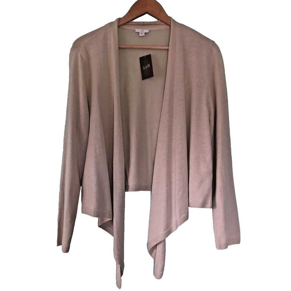 J Jill Waterfall Open Cardigan Sweater Large PETITE Pebble Beige Linen Blend NEW